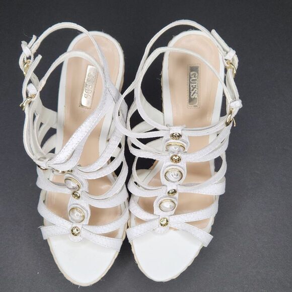 Guess Strappy Wedges Sandals Platform Heels Stone Detail Size 9.5 EUC - Picture 1 of 8